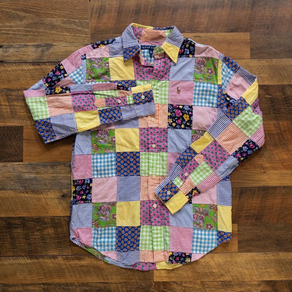 Ralph Lauren Shirt Women's 2 Multicolor Patchwork Stripe Gingham Floral Cotton